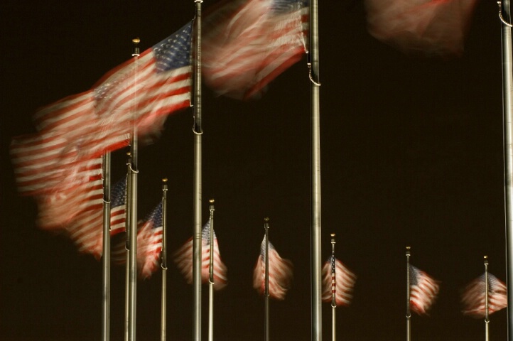 Washington Monument flags at night