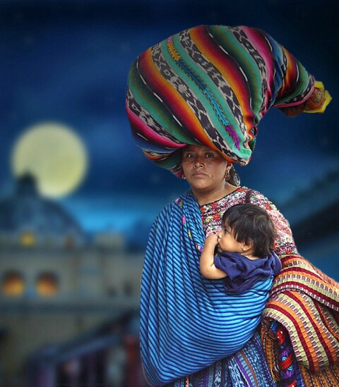 A woman, her baby, and the moon.