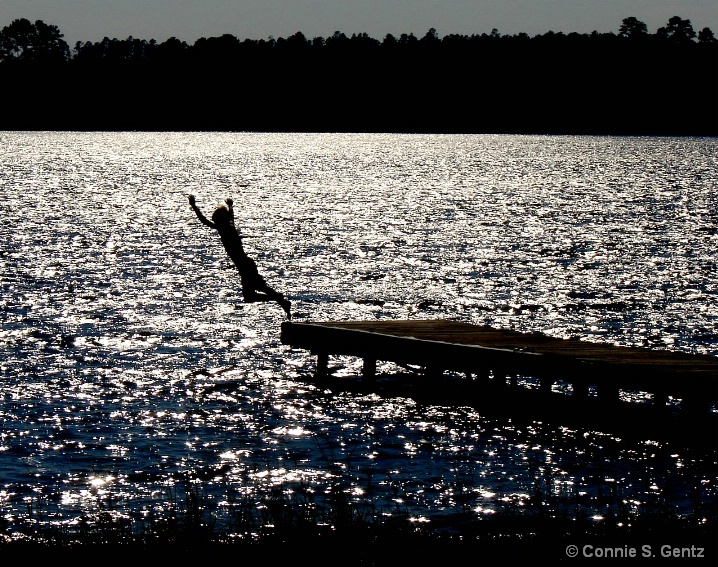 silhouette - jumping into lake
