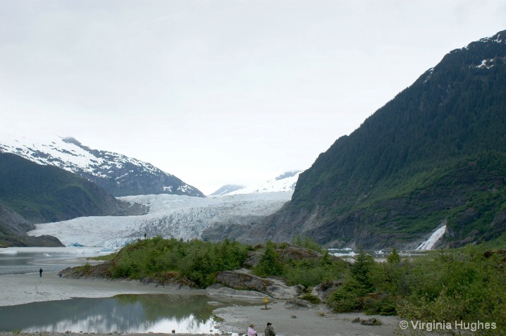 Mendenall Glacier with waterfall near.