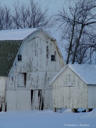 White barn in the snow 