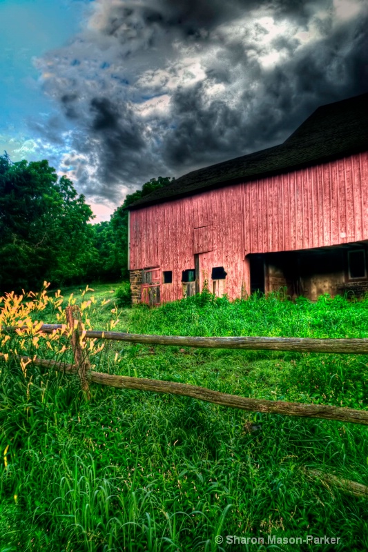 red barn with clouds 2