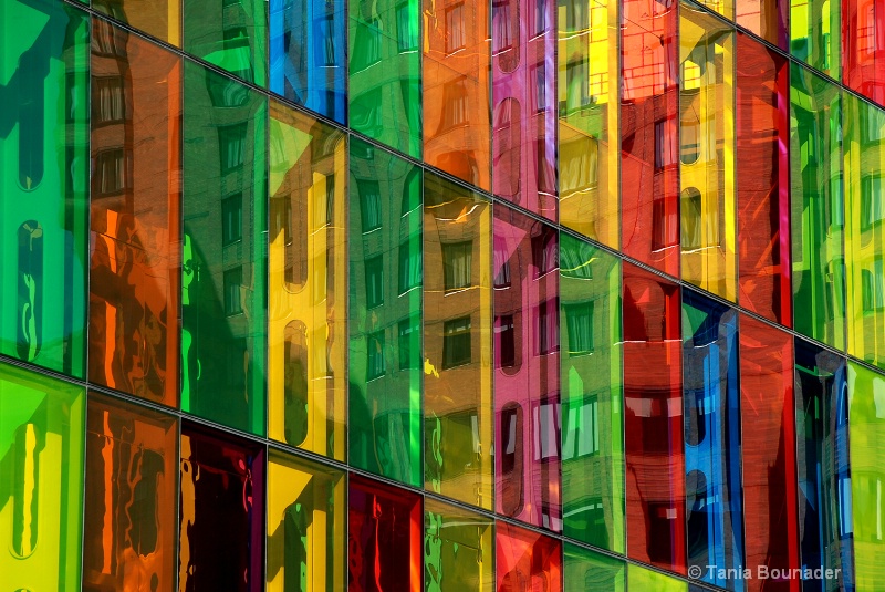 Reflections on colored glass building