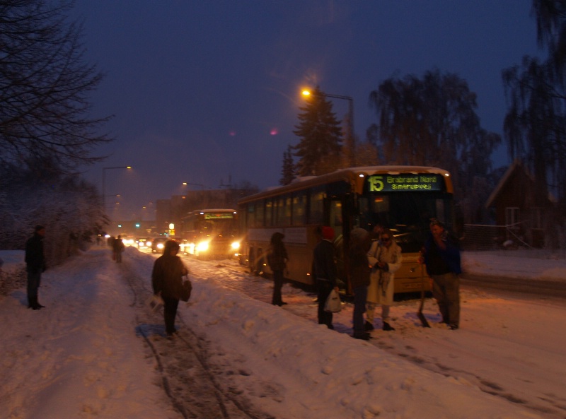 Bus stuck in the snow on a main road in Aarhus, De
