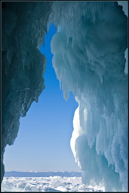 Ice frame for view on winter Baikal
