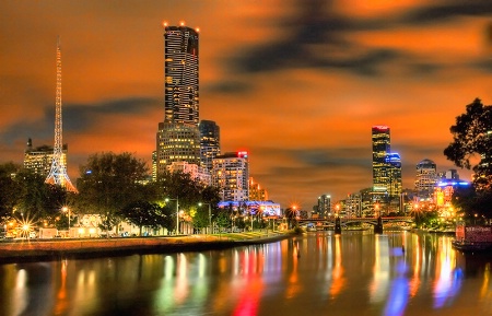 Melbourne Lights at Sunset on the Yarra River