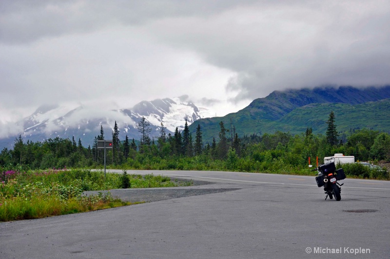 alaska bike and glacier with fog