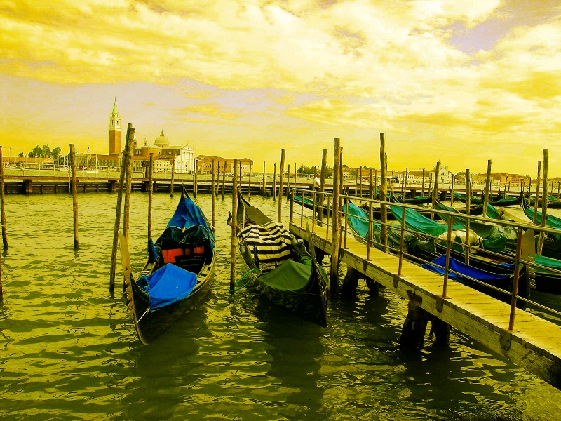 A Blue Boat in Venice on a Golden Sea