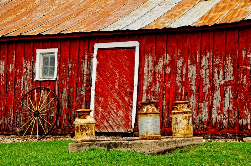 Red barn & milk cans