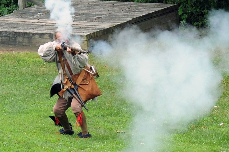 Fort Delaware Militiaman Fires His Flintlock Rifle - ID: 12013220 © William S. Briggs