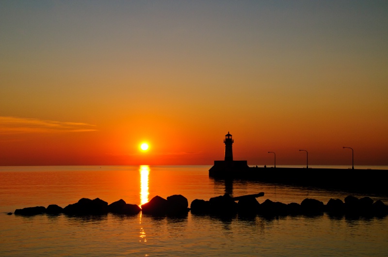 Sunrise at pier in Duluth, MN