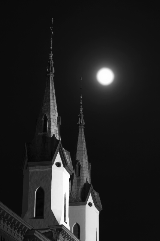Hazy Moon and Twin Church Steeples