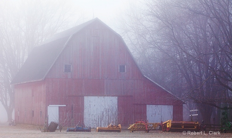 Red Barn on a Foggy Morning 