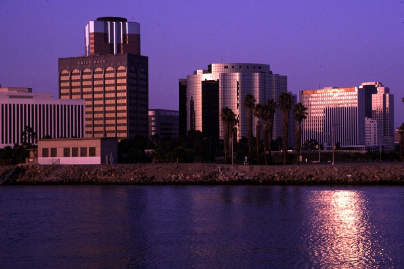 Long Beach city skyline at dusk, CA