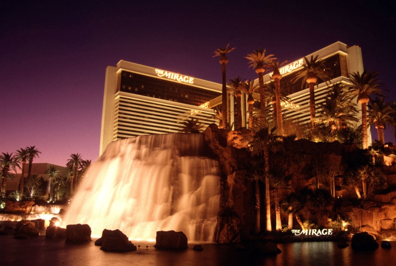 Mirage Hotel waterfall at dusk, Las Vegas