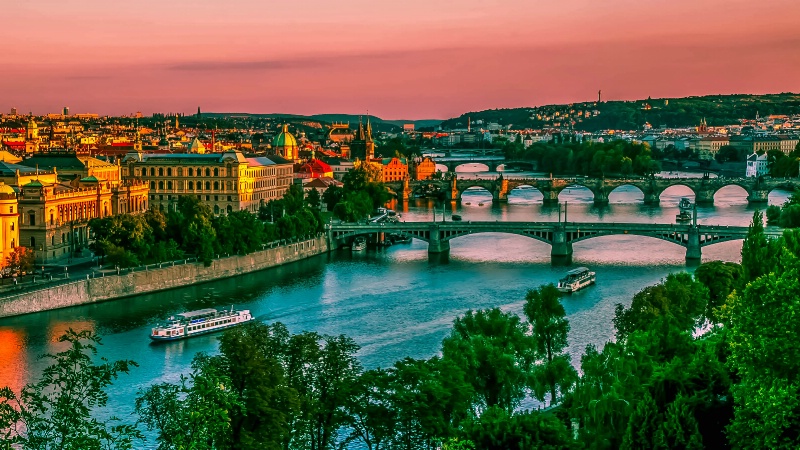 Sunset over Vltava River, Prague