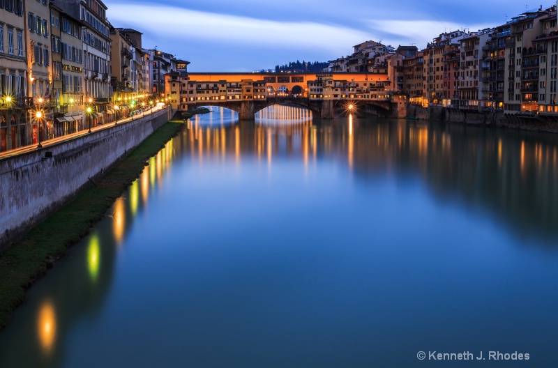 Arno River and Ponte Vecchio on a Rainy Evening