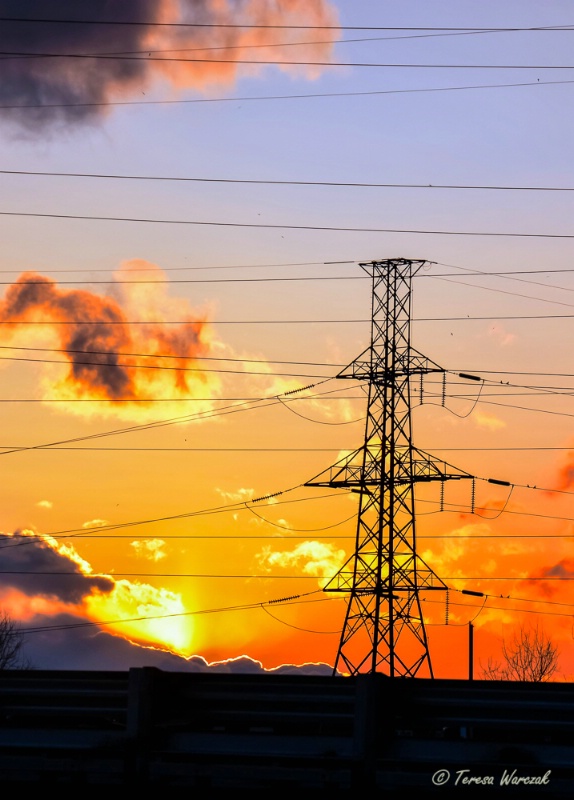 high-voltage lines and sunset