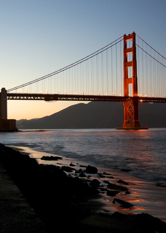 Golden Gate Bridge tower sunset