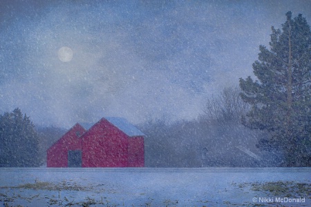 Red Barns in Falling Snow