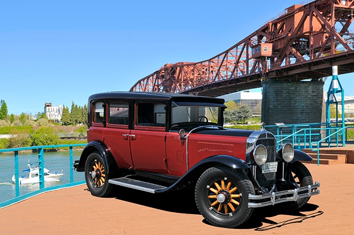 1929 Buick with Broadway Bridge in Portland, OR
