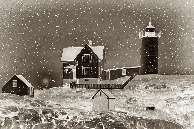 Nubble lighthouse and snow storm