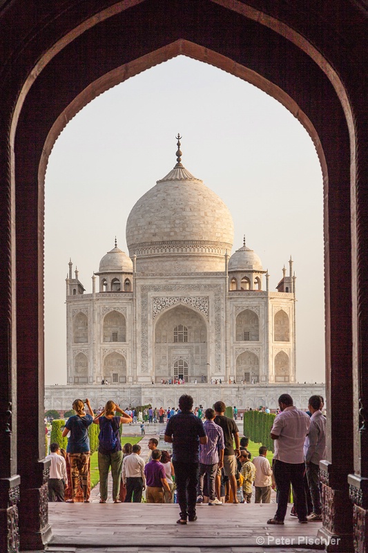 First rays of the rising sun on the Taj Mahal 
