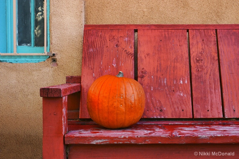 Pumpkin and Red Bench