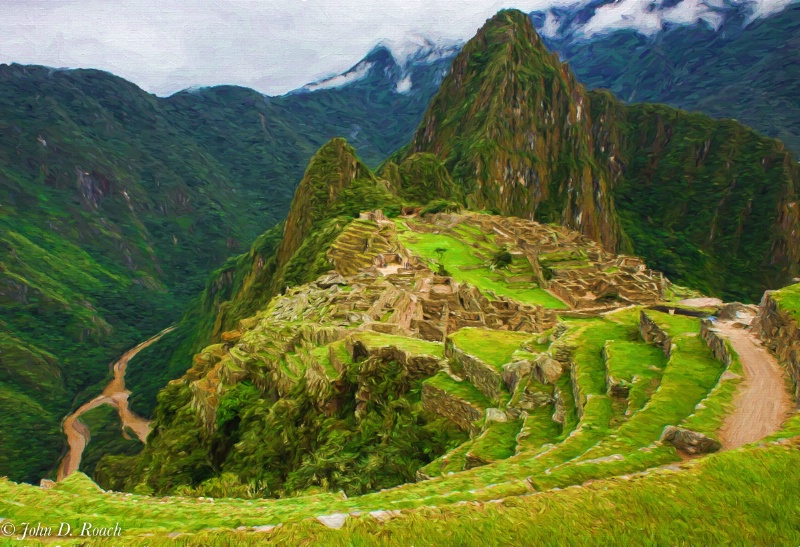 Machu Picchu rendered as an oil painting