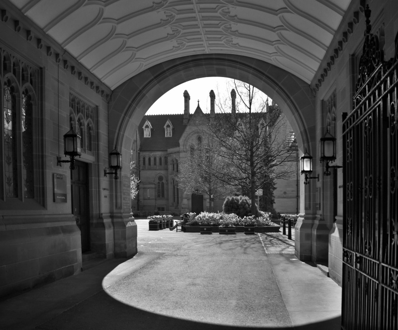 Manchester: university buildings in b&w