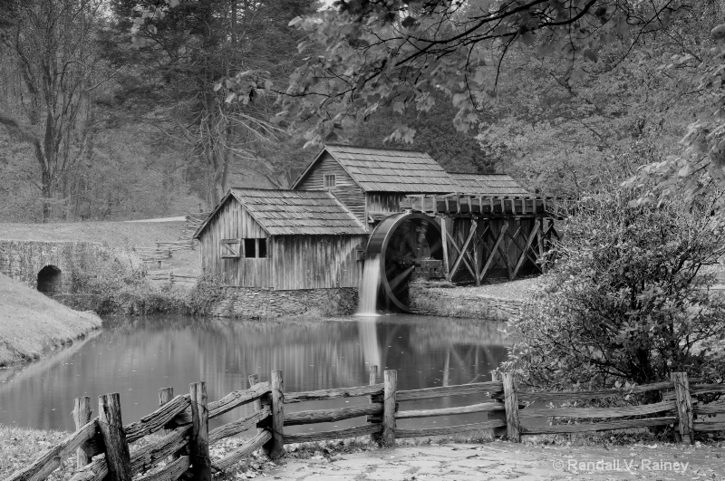 Maybry Mill with fence b&w  