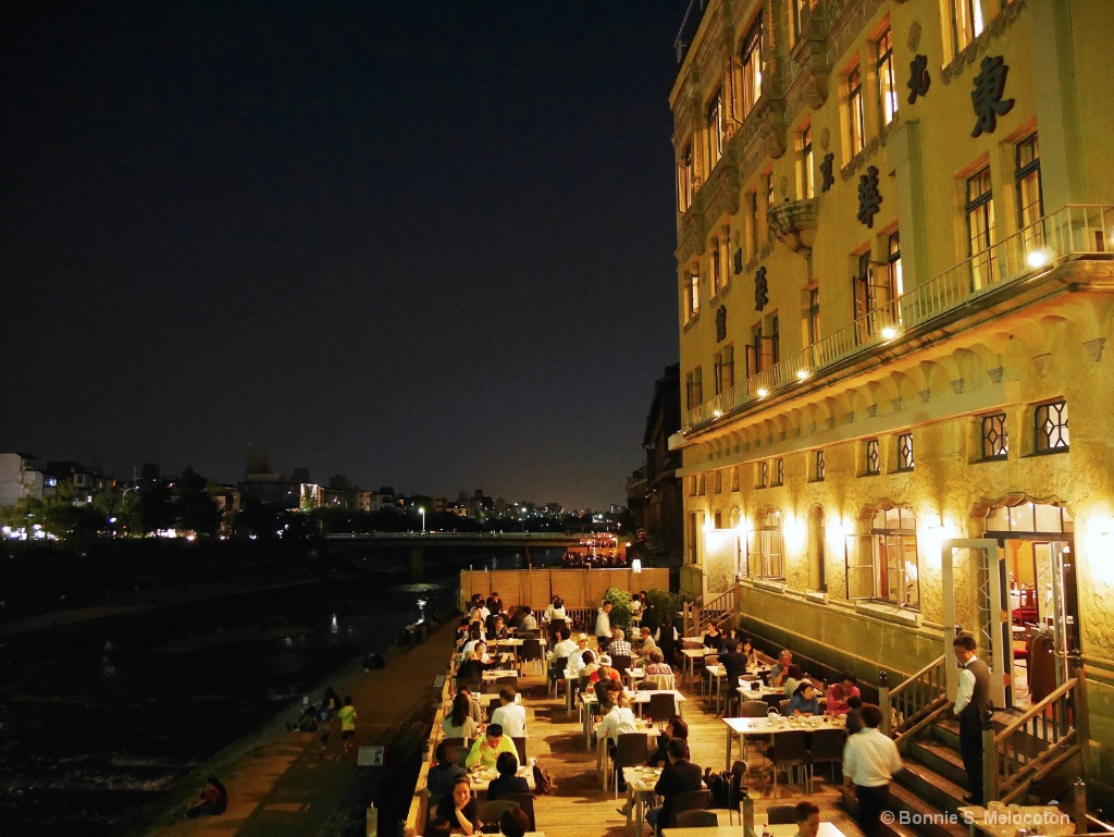 A restaurant by the river in downtown Kyoto