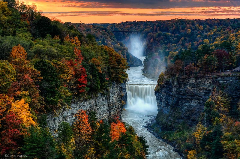 Letchworth Middle and Upper Falls At Sunset