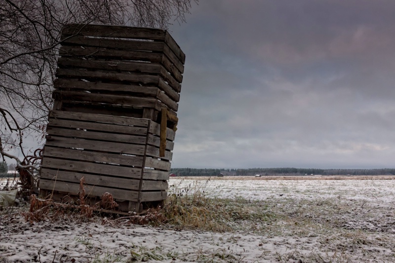 Two Wooden Crates On A Frosty Field
