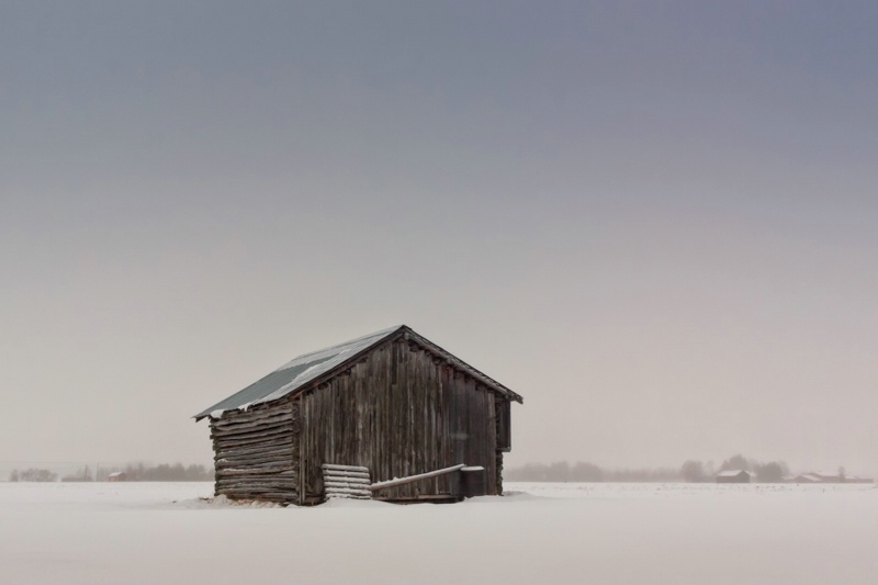 Little Barn House On The Snowy Fields