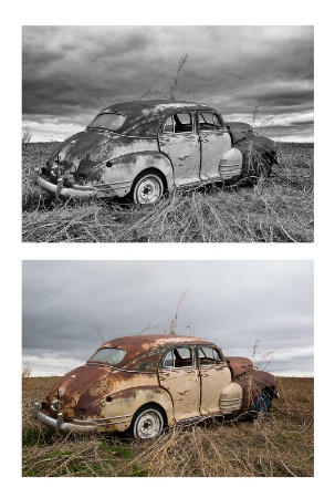 2 views of junkyard car