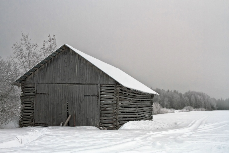 Old Barn With Wide Doors By The Snowy Field
