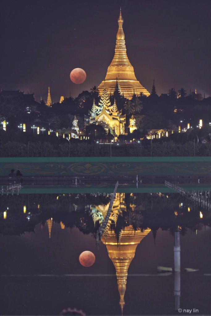 Shwe Dagon Pagoda with Blood Moon