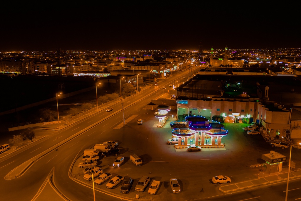 Gas station at night in Saudi Arabia
