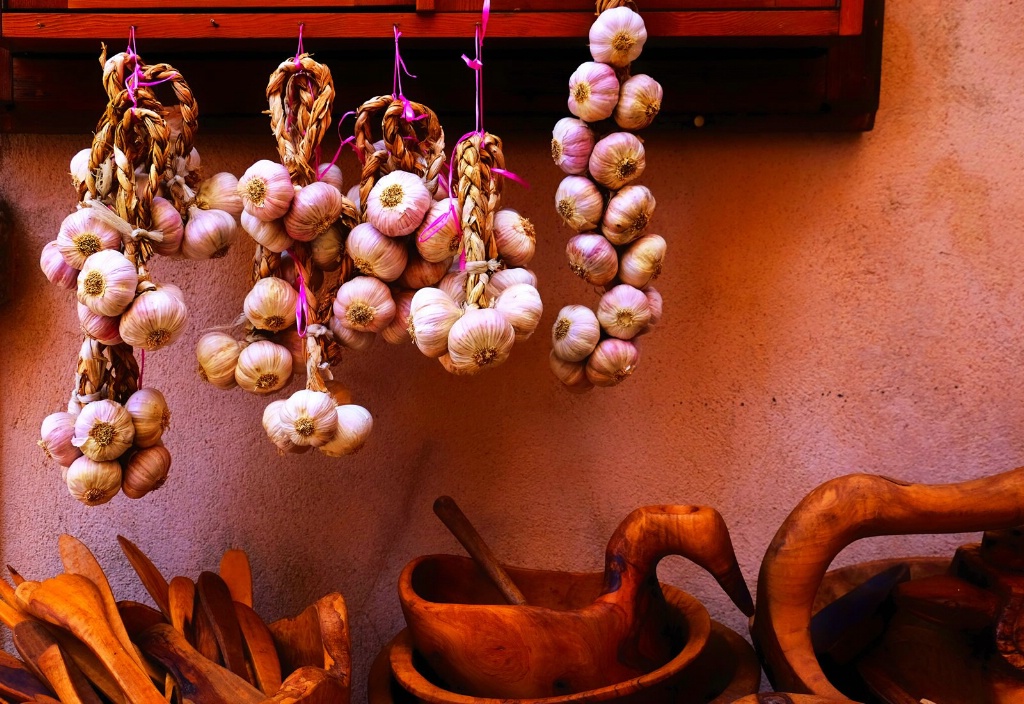 Garlic Braids and Wooden Bowls