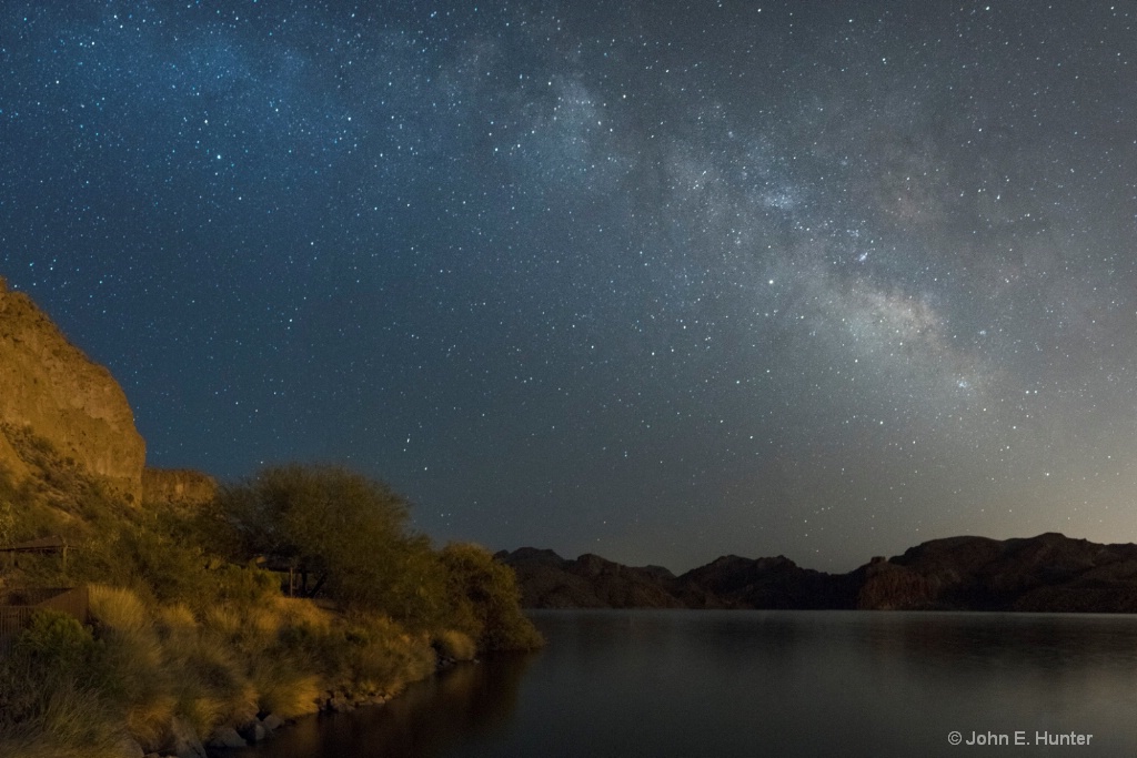 Panoramic of Milky Way over Lake Saguaro