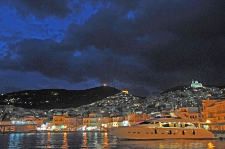 Night time port of Syros.