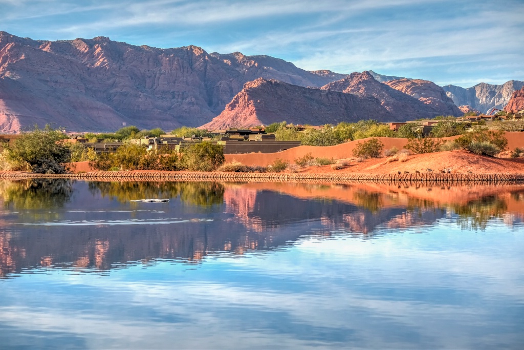 red mountain, red sand in reflection 