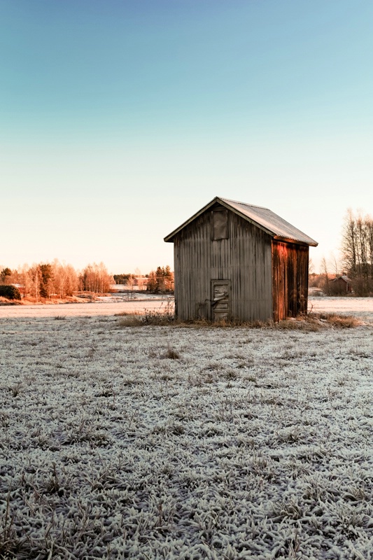 Tiny Barn House On The Frosty Fields