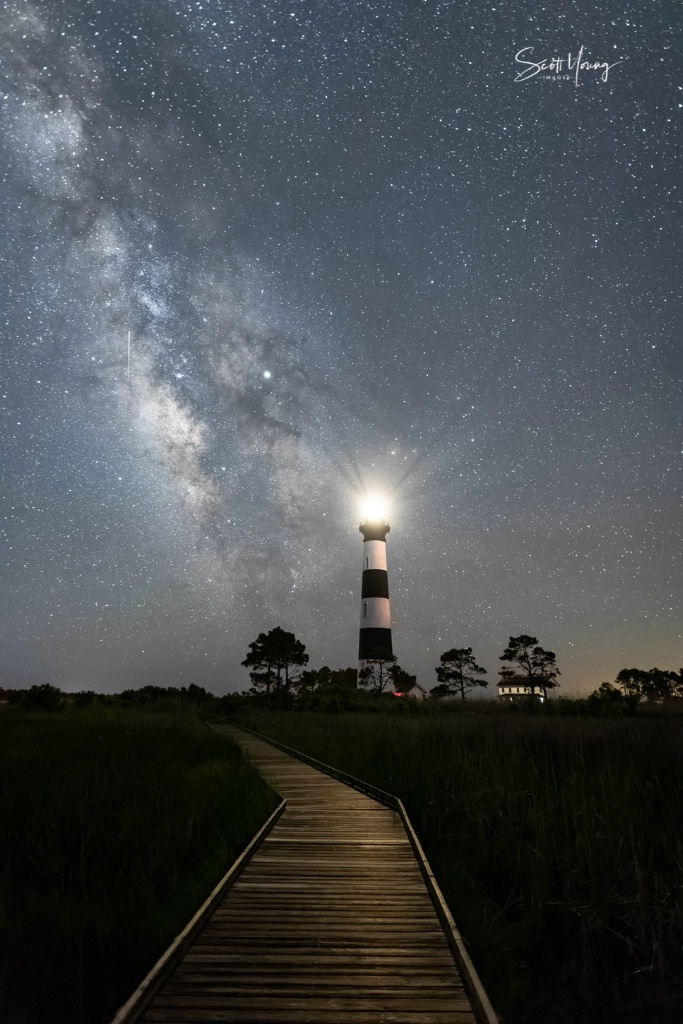 Bodie Island Light, Milky Way, and Meteor